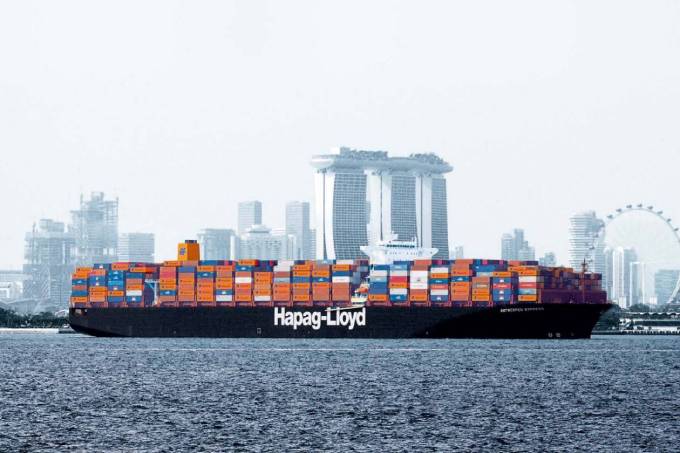 A container-filled Hapag-Lloyd Antwerpen Express vessel on the coast of Singapore