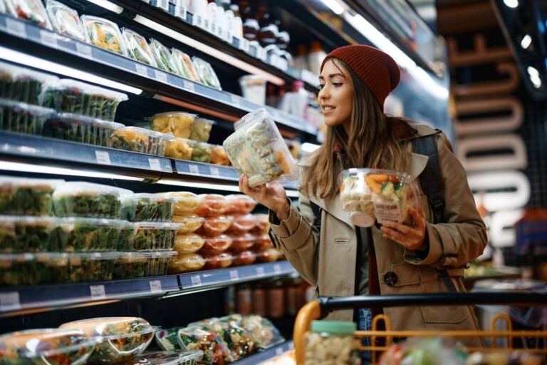 Young woman buying groceries and fresh produce