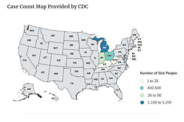 CDC map with numbers of the latest cylosporiasis outbreak