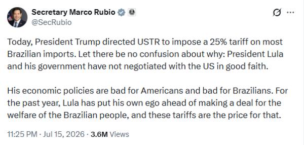 Marco Rubio post on X about US tariffs on brazil