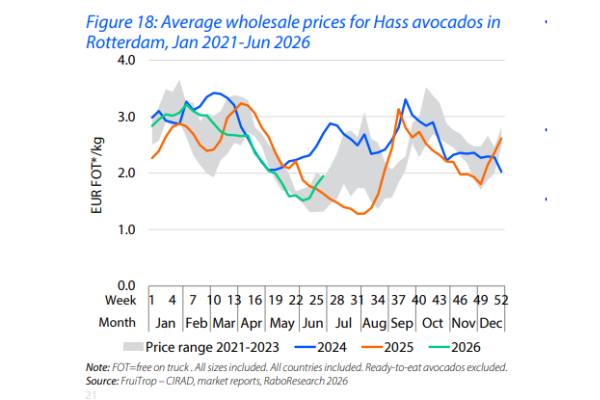 Avocado prices along the season in Europe